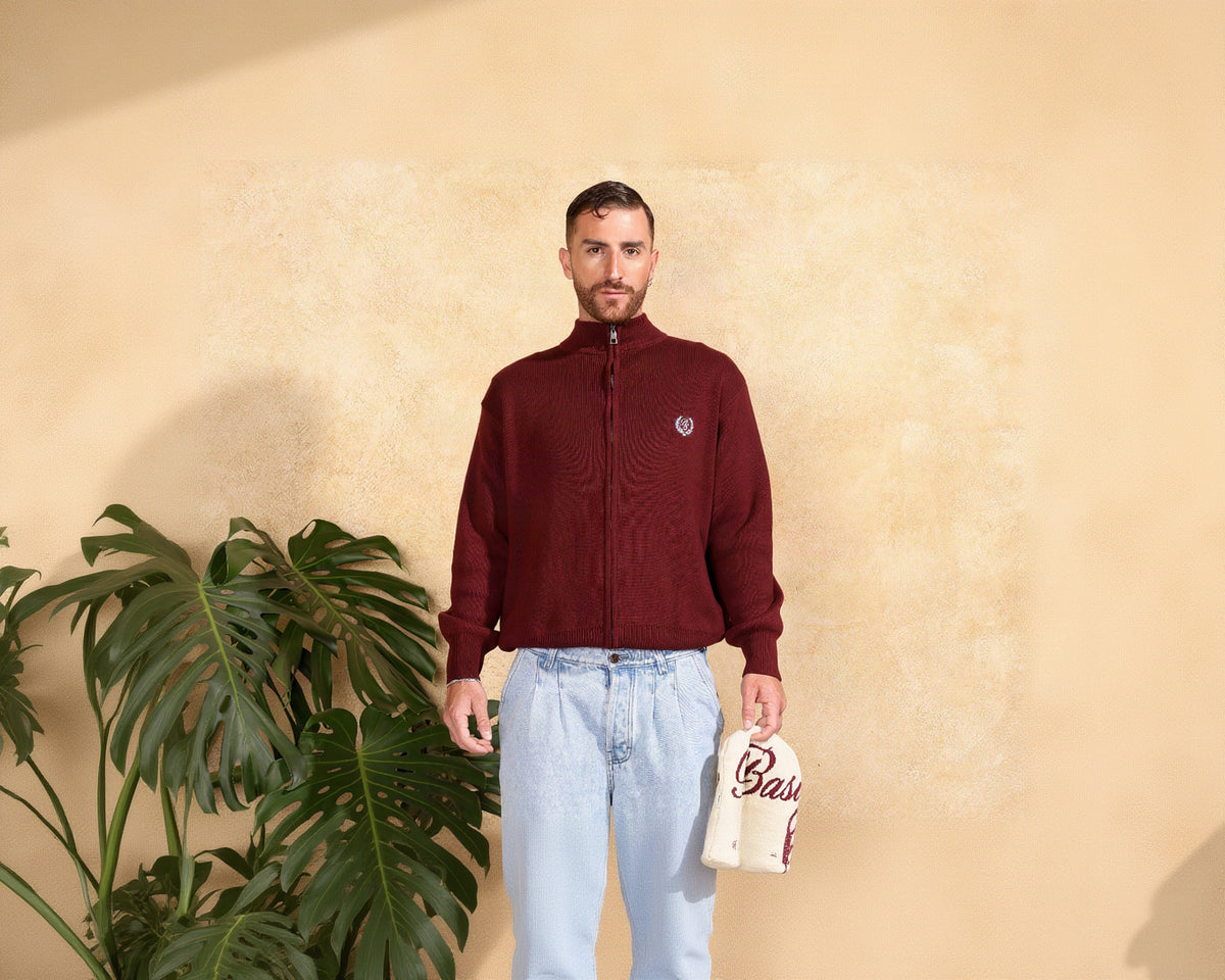 KNIT ZIP-UP — BURGUNDY