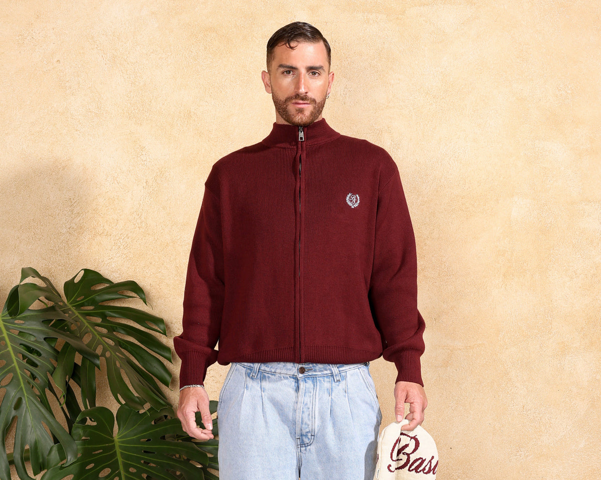KNIT ZIP-UP — BURGUNDY