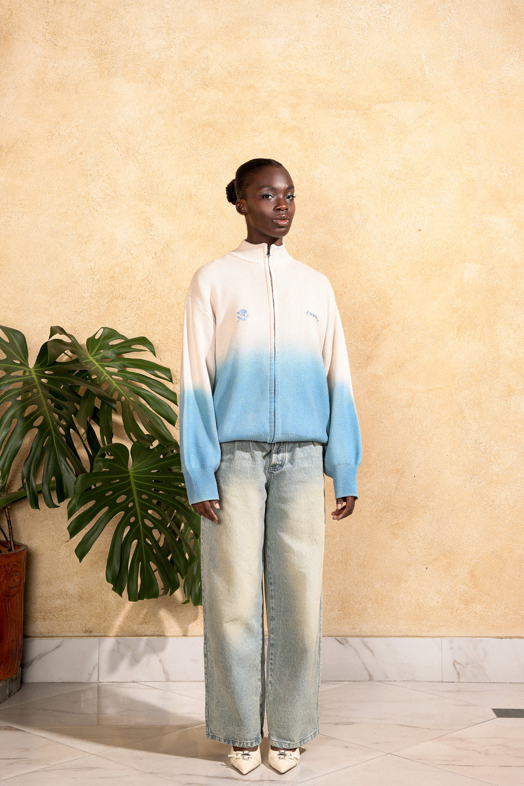 BLUE BLOOM KNIT DOUBLE ZIP-UP — DEGRADÉ
