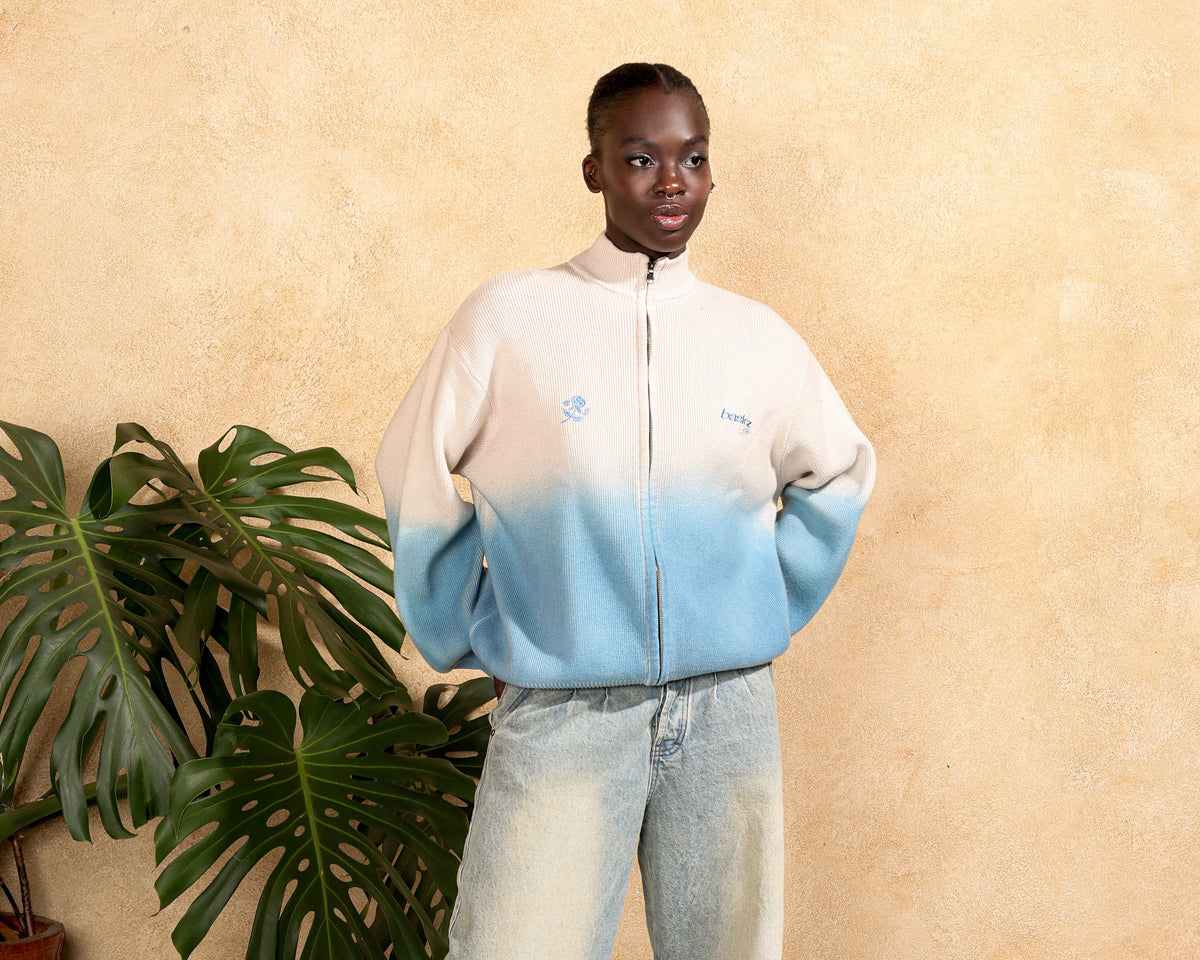 BLUE BLOOM KNIT DOUBLE ZIP-UP — DEGRADÉ