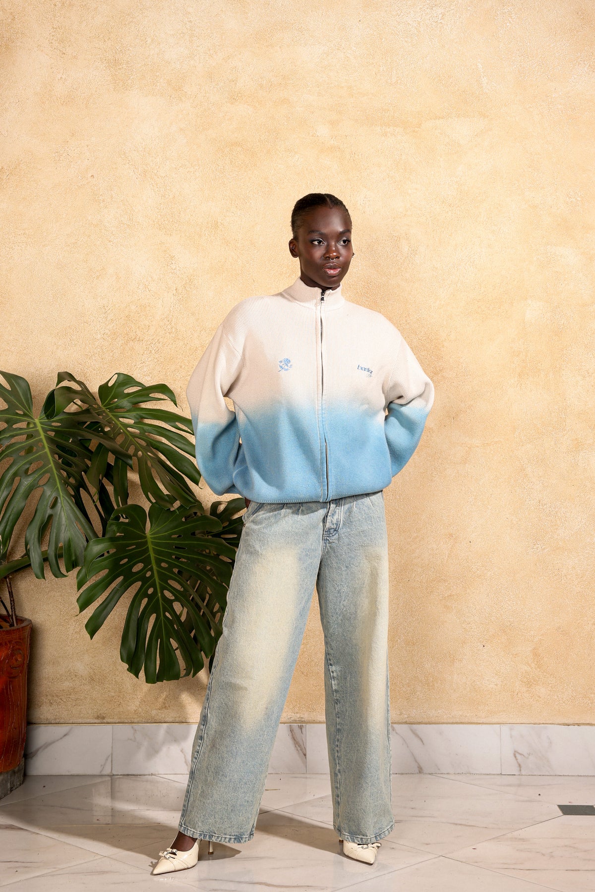 BLUE BLOOM KNIT DOUBLE ZIP-UP — DEGRADÉ