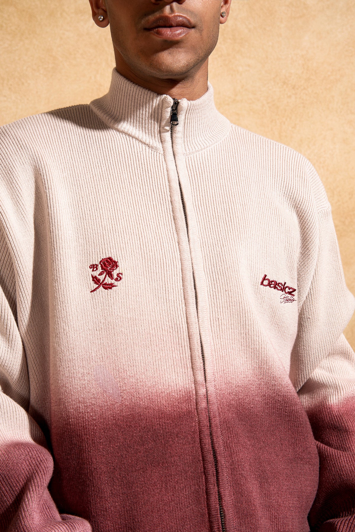 BURGUNDY BLOOM KNIT DOUBLE ZIP-UP — DEGRADÉ