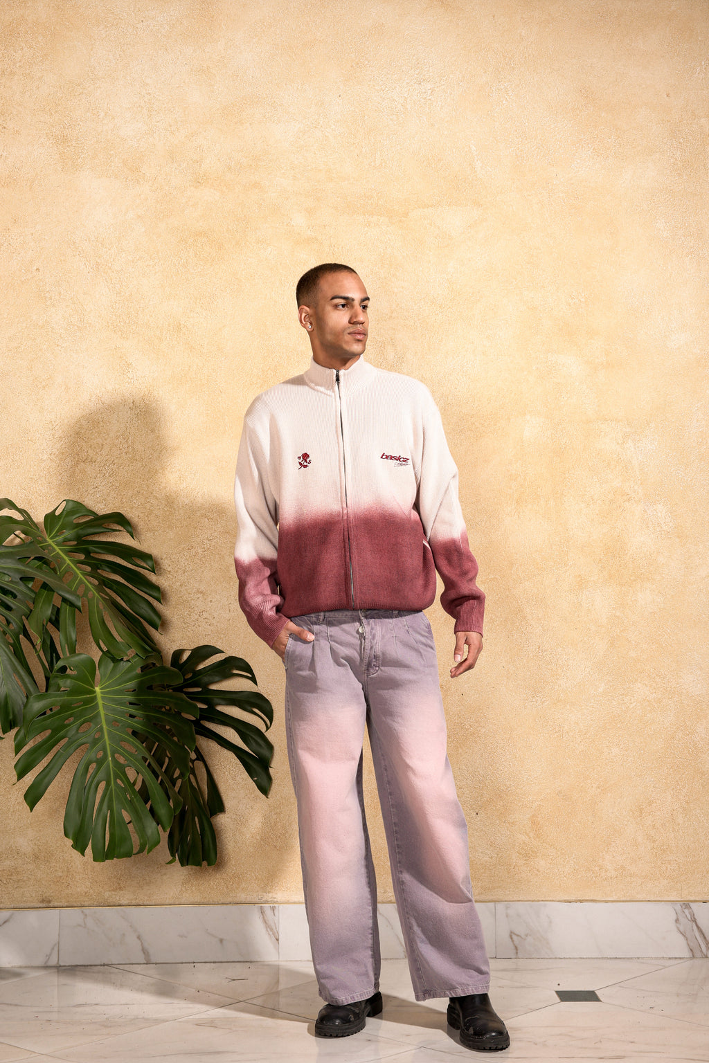 BURGUNDY BLOOM KNIT DOUBLE ZIP-UP — DEGRADÉ