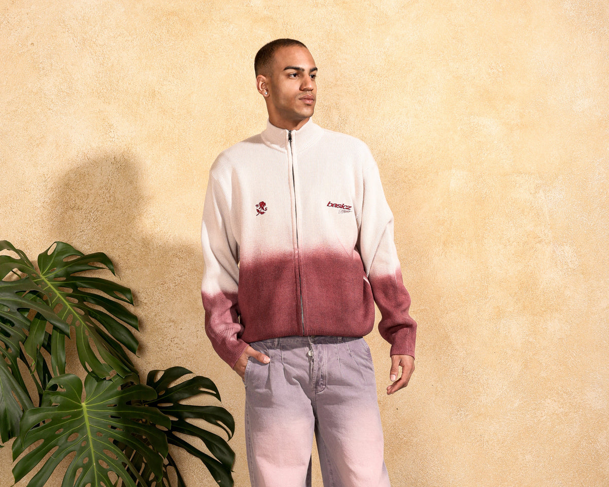 BURGUNDY BLOOM KNIT DOUBLE ZIP-UP — DEGRADÉ